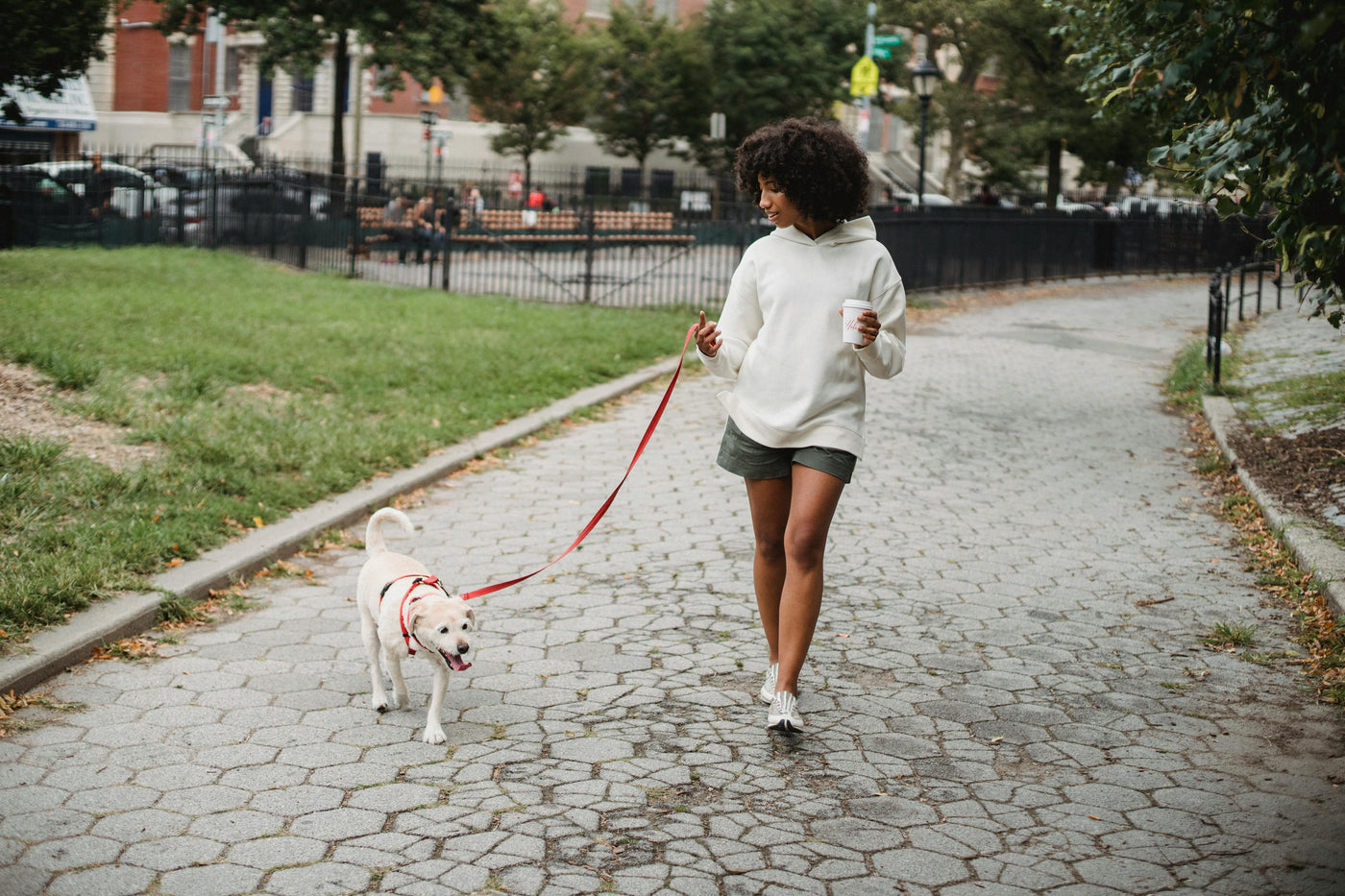 Woman walking her dog on a leash