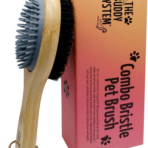 The Buddy System Combo Bristle Pet Brush, 2-in-1 Brush, Durable Rubber Side and Soft Boar Bristle Side - All Pets and Coat Lengths - Top Coat Massage for Cats & Dogs - 1 pack