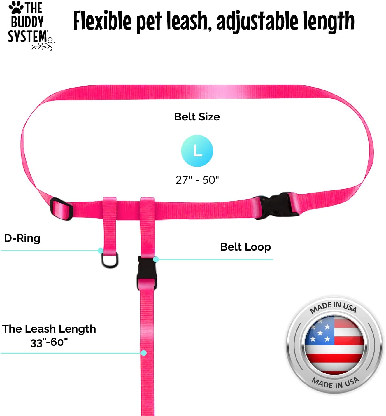 The Buddy System Waist Leash - Hands Free Dog Leash, Adjustable Leash for Running, Jogging, Training and Service Dogs, Great for Small, Medium and Large Dogs, Made in USA - for Small Dogs (under 20 pounds) PINK