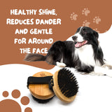 The Buddy System Pet Close Brush, Soft Touch Oval Palm Brush - Bamboo Massage Handheld with Soft Boar Bristles and Elastic Band for Dogs and Cats